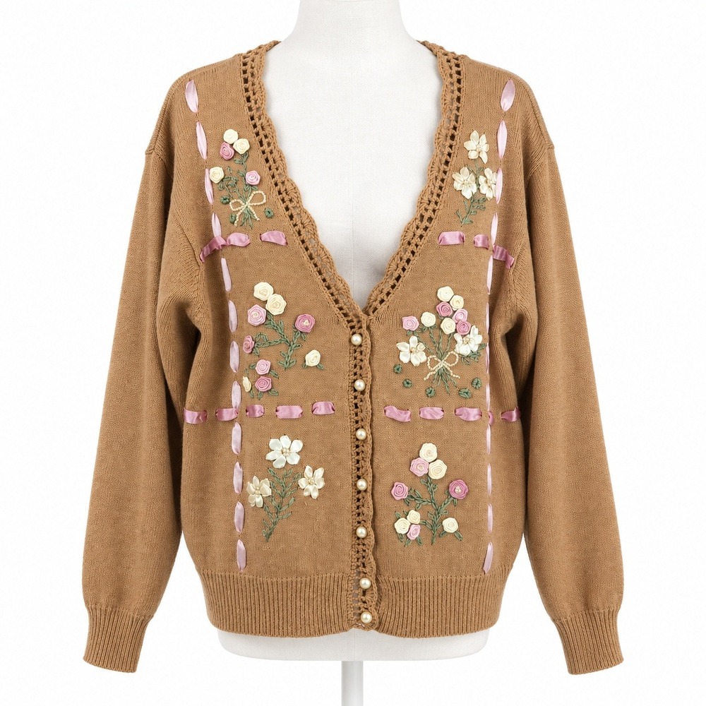 Vintage 90s Floral Embroidered Button Cardigan Size L Brown Cottagecore Fairy